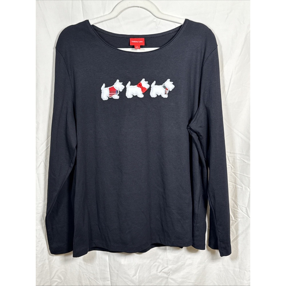 Holiday Lane‎  Black Long Sleeve White Scotish Terrier Dog Christmas Tshirt XL